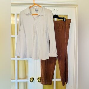 Elegant Cream Blouse and Brown Pants Set. Vintage